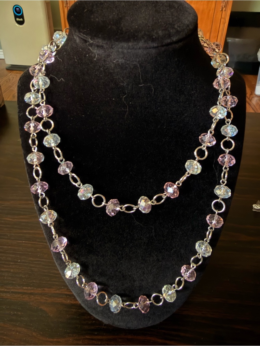 Silver Chain Necklace with Pink and Clear Crystal Beads